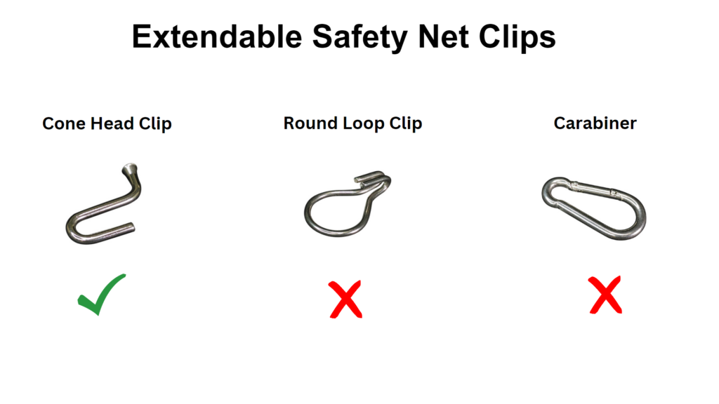 Safety Net Cone Head Clips that are and are not extendable.