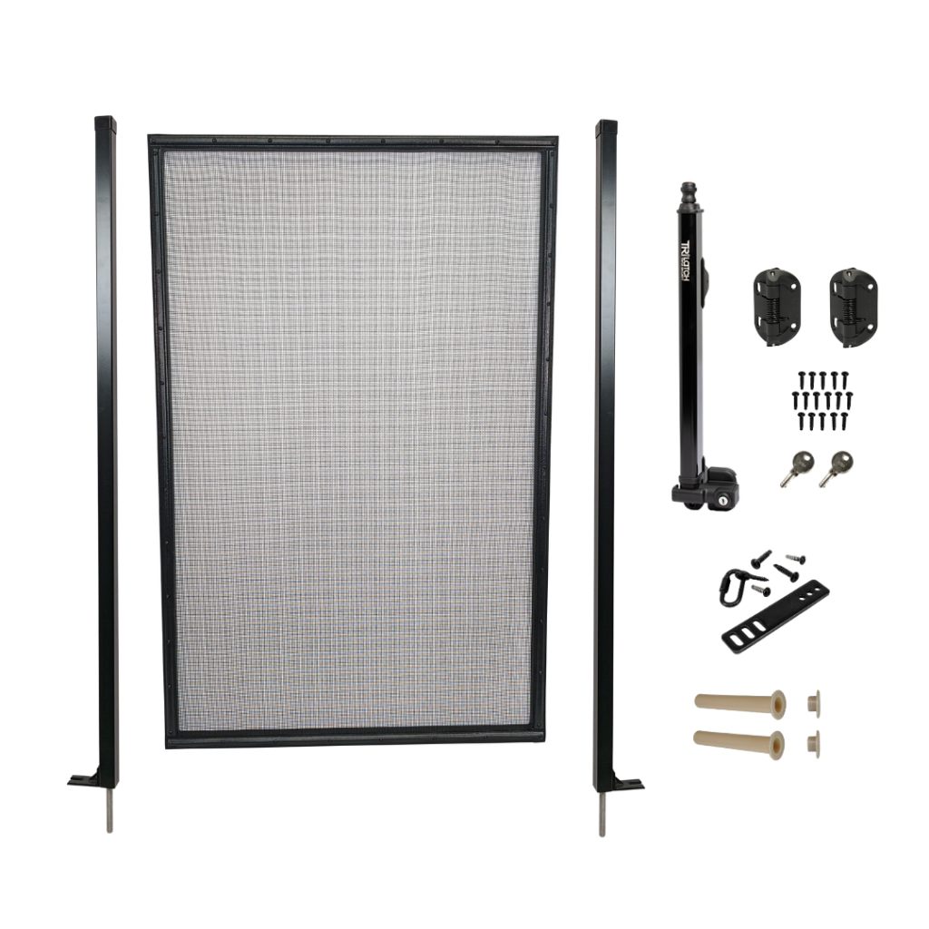 Pool Fence Self-Closing Gate Kit - Combo E Black Frame with Rectangular Gate Posts in Peg and Gate Latch & Hinge Components