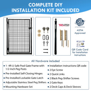 All Safe Pool Fence Door Gate Kit - 4-Foot Black Self-Closing Pool Gate