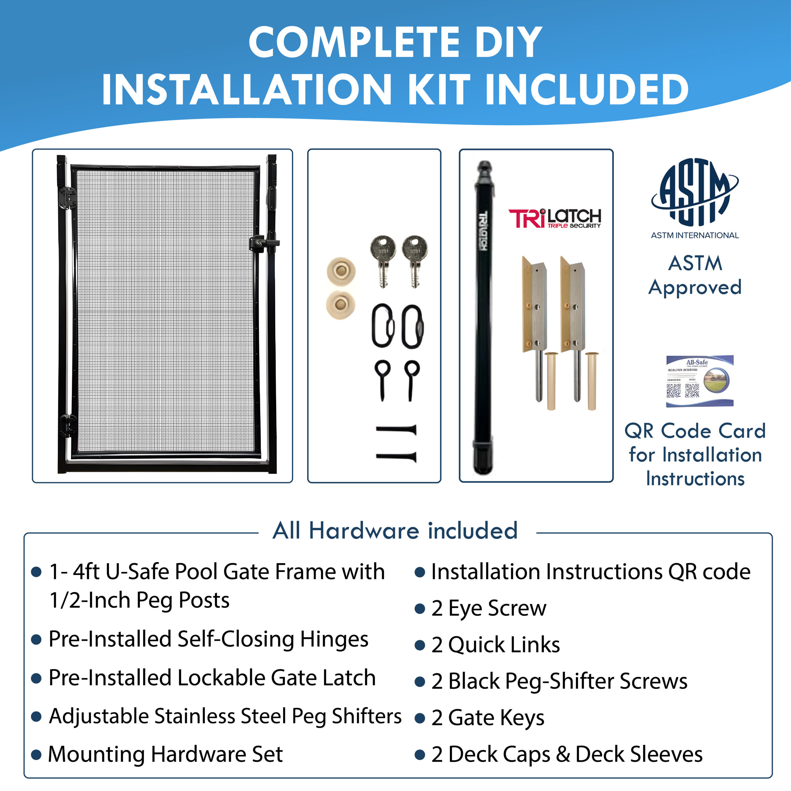 All Safe Pool Fence Door Gate Kit - 4-Foot Black Self-Closing Pool Gate