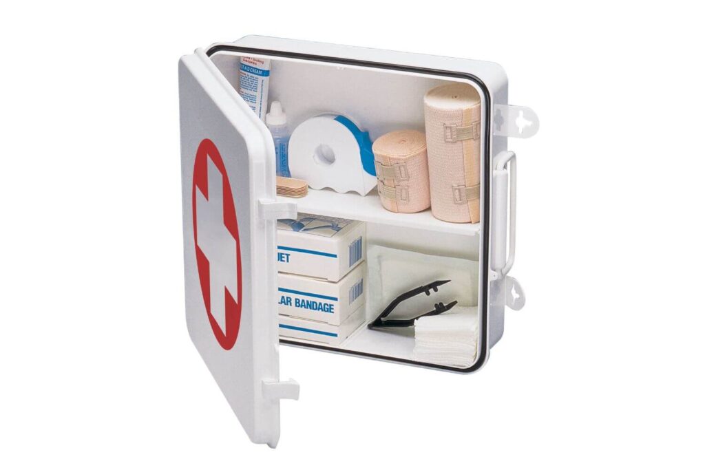 white first aid kit box with first aid equipment inside