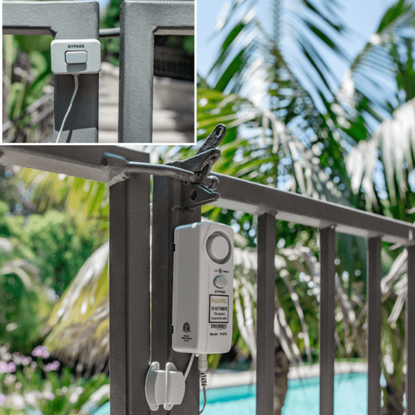 Techko Safe Pool Alarm | S187D Alarm with bypass button installed on gate