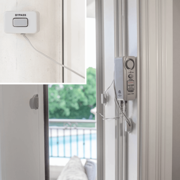 Techko Safe Pool Alarm | S187D Alarm with bypass button installed on door