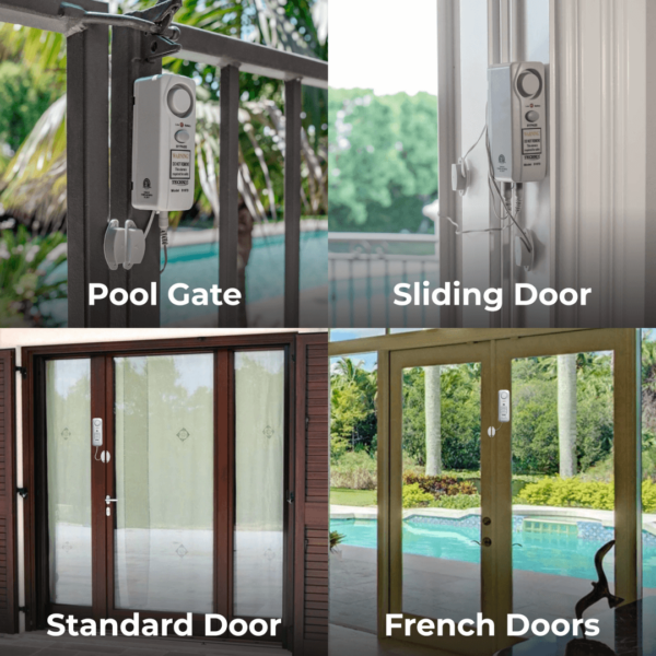 S187D Alarm installed on pool gate, sliding door, standard door, and French doors