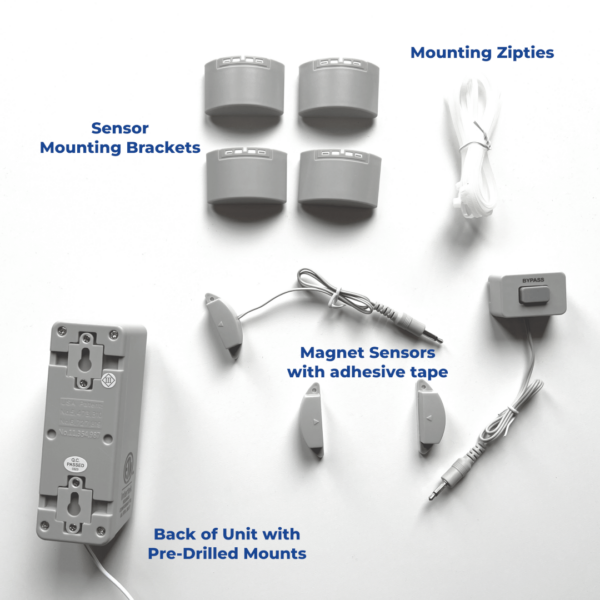 Entry Alarm Components including sensor mounting backets, zipties, magnet sensors with tape