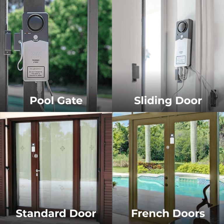 Entry Alarms installed on pool gate, sliding door, standard door, and French doors