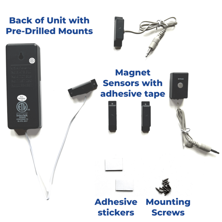 Entry Alarm Components including Magnet Sensors, Adhesive Tape-Stickers, and Mounting Screws