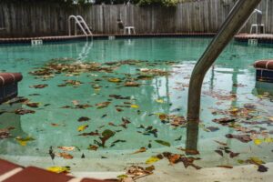 Swimming pool full of leaves and debris after a storm