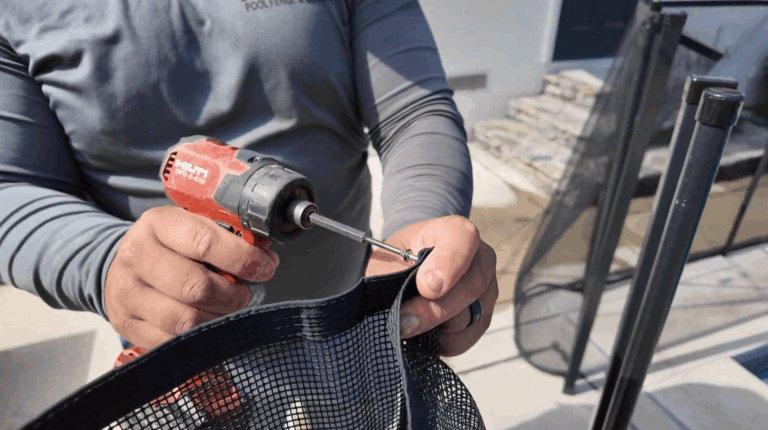 Installer folds the slack mesh over and screw through both moldings and the folded-over mesh