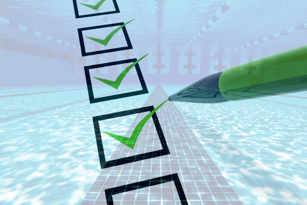 Black boxes with green check marks, checking each one off, with a swimming pool in the background