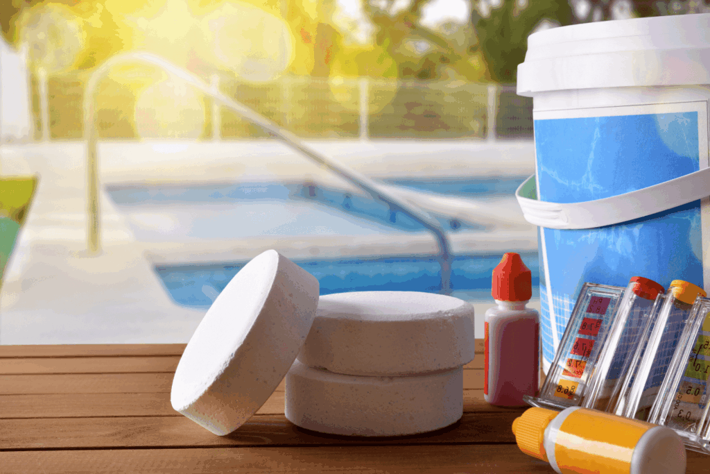 Various pool chemical supplies on the edge of a swimming pool