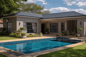 Residential backyard showing a beautiful rectangular swimming pool