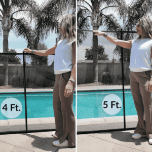 Woman standing next to a 4 foot pool fence and a 5 foot pool fence to display height comparison