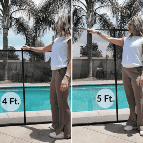 Woman standing next to a 4 foot pool fence and a 5 foot pool fence to display height comparison