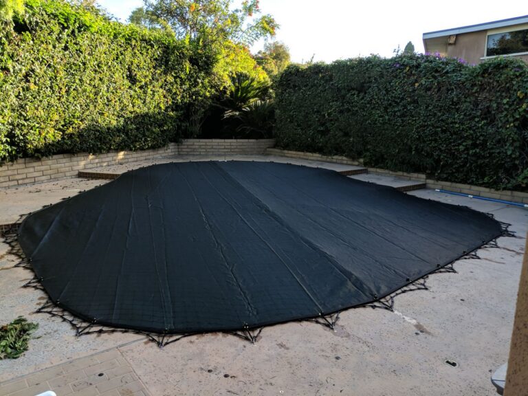 Black leaf cover over a freeform pool
