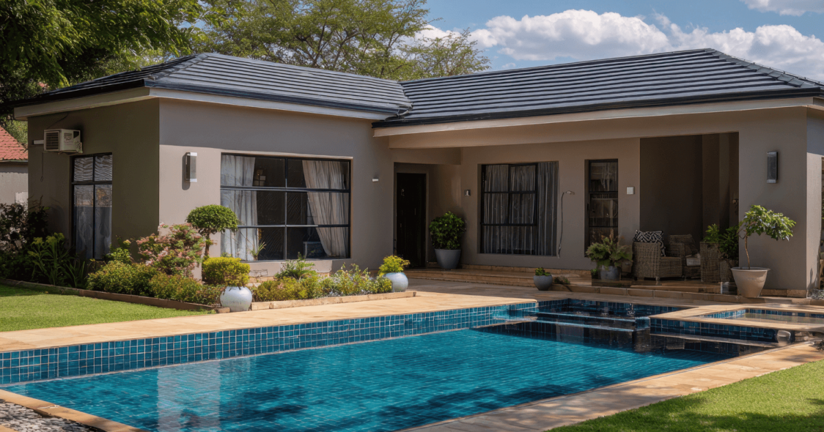 Residential backyard showing a beautiful rectangular swimming pool