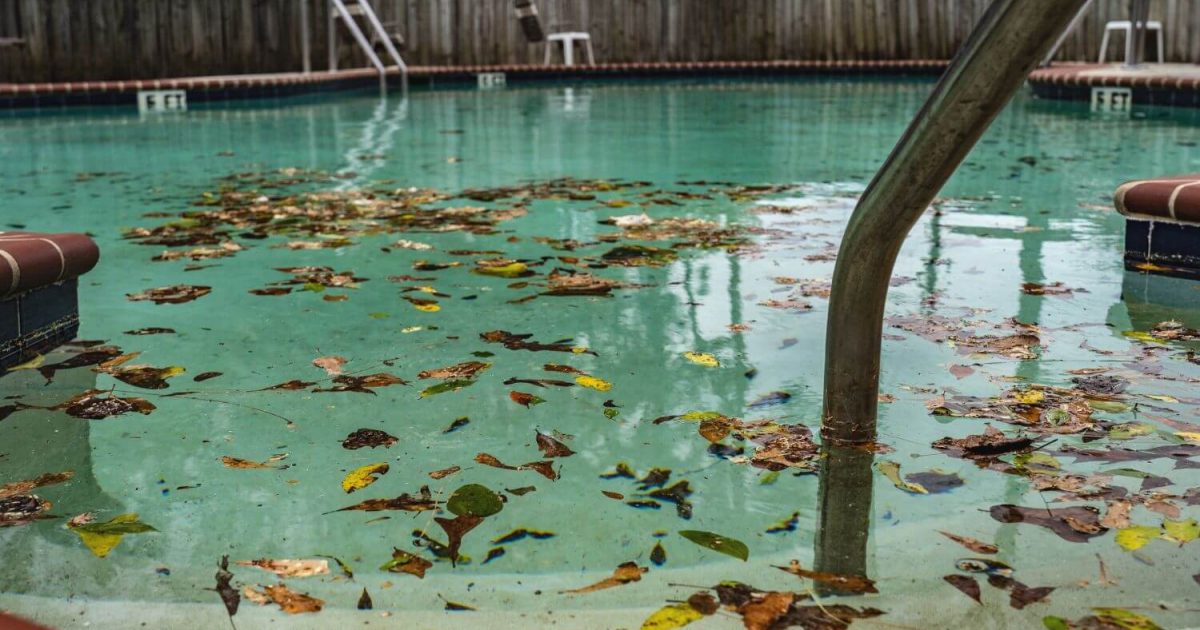 Swimming pool full of leaves and debris after a storm