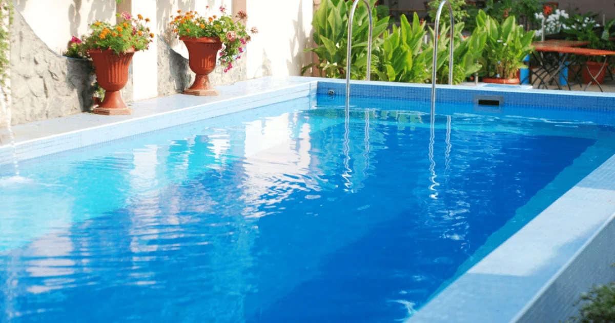 Rectangular swimming pool in a beautiful aesthetic backyard